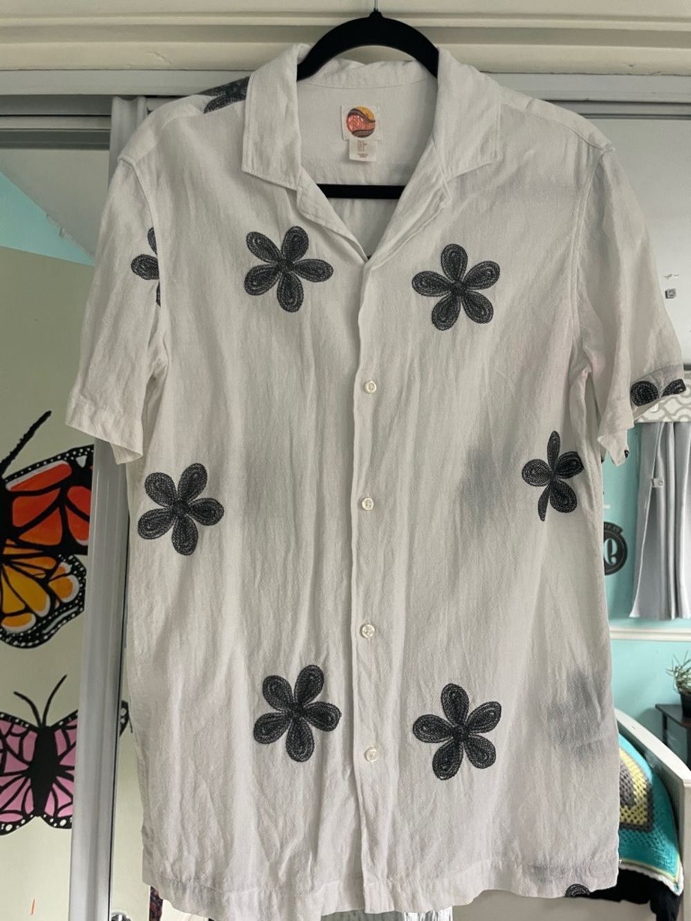 C & C California White Button-Down Shirt with Black Floral Embroidery